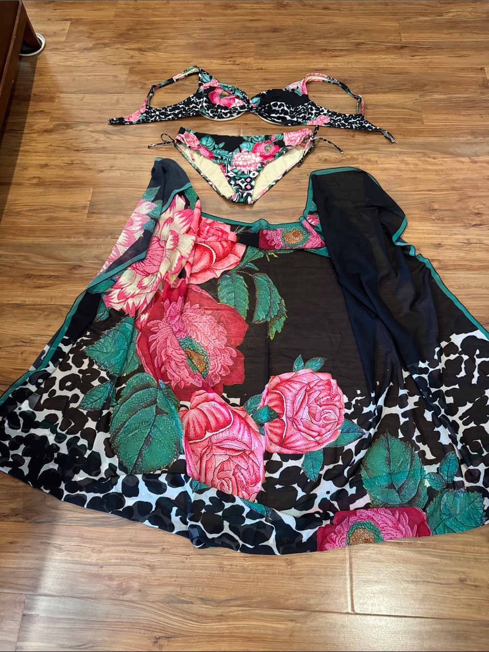 Floral Black & Pink Bikini Set with Sheer Sarong